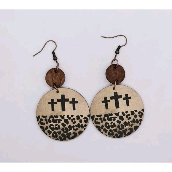 Wood Round Geometric Dangle Faith Christian The Three Crosses Earrings Jewelry - Picture 4 of 4
